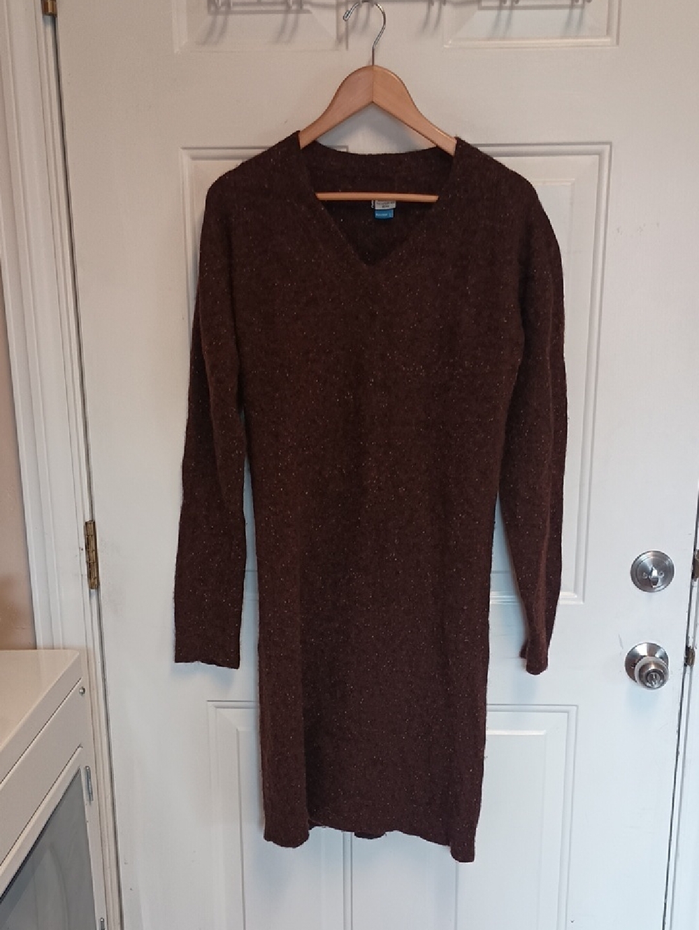 KAVU Brown V-Neck Long Sleeve Lambswool Sweater Dress Large